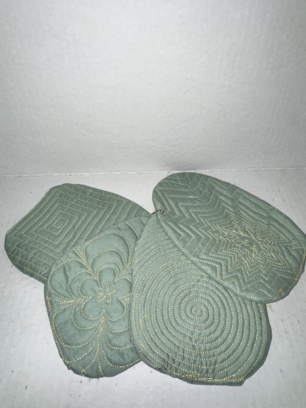 New Handmade Quilted Mug Rugs Set of 4 Sage Green Gold Stitching Fabric Coasters